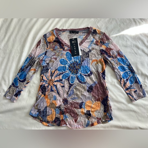 Women's Floral Crinkle Blouse - Blue, Orange, Purple - Picture 1 of 4